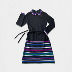 60s 70s Knit A-Line Dress Stripes Collar Same Fabric belt Raglan Sleeve Size 8