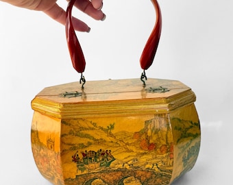 Caja de madera ANTON PIECK de los años 70, bolso con asa de Lucite, decoupage, octogonal, estampado Toile.