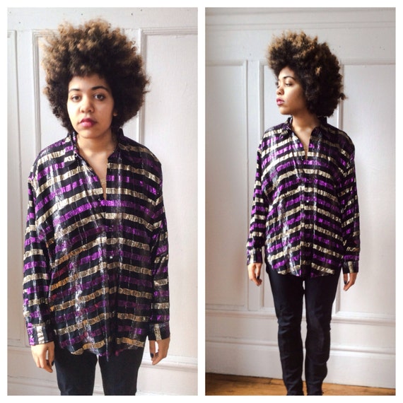 Metallic Threaded Plaid Button Front Oversize Dis… - image 5