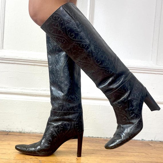DKNY Vintage 90s Stamped Embossed Leather Riding Boots  display picture 1