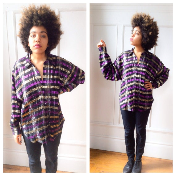 Metallic Threaded Plaid Button Front Oversize Dis… - image 1