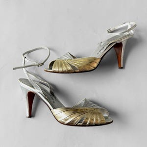 VTG jaren 70 garolini-leer discohak open teen zilver goud tweekleurige metalen pump