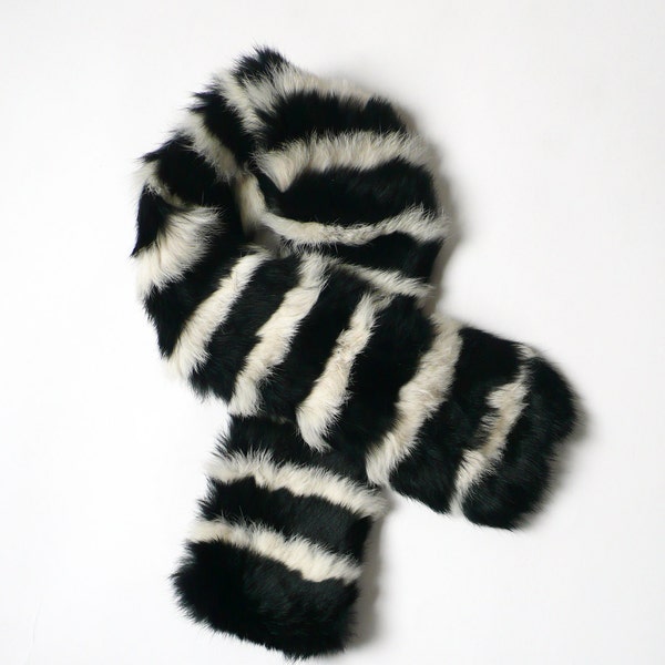 80s Rabbit Fur Black & White Striped Neck Scarf