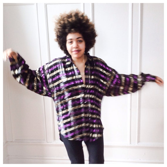 Metallic Threaded Plaid Button Front Oversize Dis… - image 2