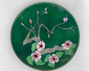 Mid-Century Bovano Enamel Trinket Plate, Cherry Blossom Decor (6") Signed Terri mcm