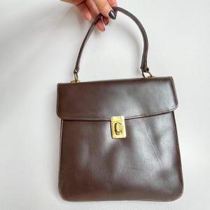 50s 60s Vintage Structured Handbag Chocolate Brown Leather Top Handle Granny Core Gold Hardware MidCentury Box Bag MCM