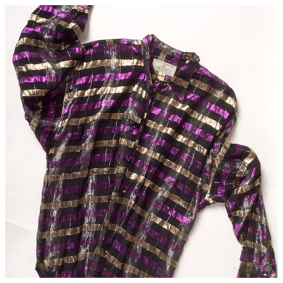 Metallic Threaded Plaid Button Front Oversize Dis… - image 4