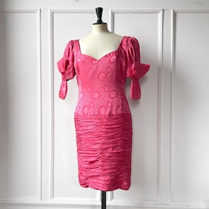 80s Vintage Silk Jacquard Ruched Party Cocktail Dress Bow Sleeves Fully Lined