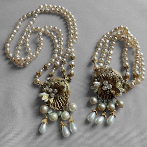 VTG 60s Signed Necklace Bracelet Set Original by Robert Glass Pearl Rhinestone Filigree Double Strand Collar Festoon MidCentury
