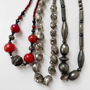 Vintage Boho Layered Necklace Lot Collection Silver-Tone Tribal Glass Resin Beads Set of 3 pieces 80s 90s Maximalist Eclectic Art to Wear