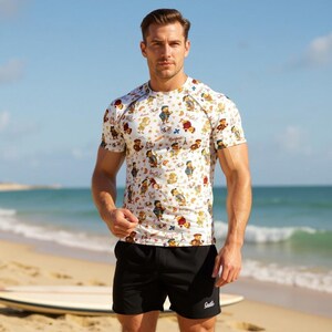 men’s rash guard shirt, all over print swim shirt, uv protection activewear top, moisture wicking surf tee, beach workout shirt, Alesya G