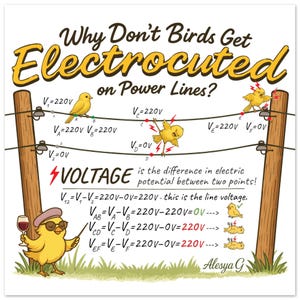 ¿Por qué las aves no se electrocutan? – Póster científico de Alesya G (cartón pluma)