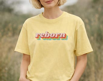 Reborn Christian Rainbow 3D Text T-Shirt | Retro Script Tee