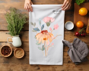 Floral Tea Towel: 'Be Still' Scripture, Religious Kitchen Decor
