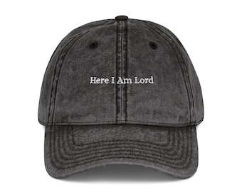 Embroidered Vintage Cap, 'Here I am Lord' Christian Hat
