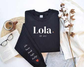 Sudadera personalizada con nombre de nieto, abuela Lola, cuello redondo