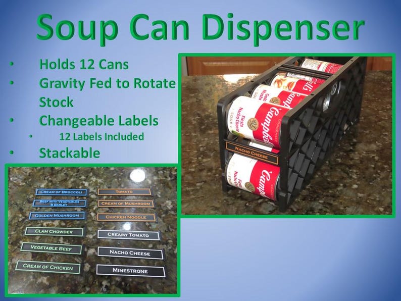 May include: Black plastic soup can dispenser holding several cans of soup. The dispenser has changeable labels and holds 12 cans. The image also shows a selection of soup labels, including Cream of Chicken and Nacho Cheese.