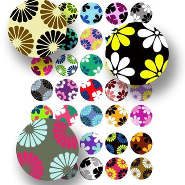 1 INCH Circle Bottle cap Size Fancy Flowers Images  Digital Collage Sheet Graphics for Jewelry Making Pendants Stickers