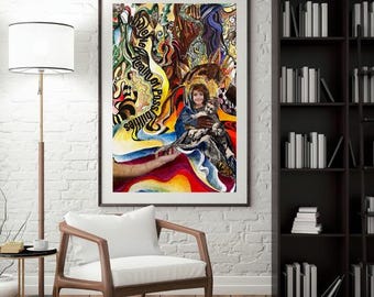 Utskrivbar psykedelisk collageväggkonst – färgglad abstrakt trippy digital nedladdning | Bohemisk/maximalistisk heminredning - omedelbar presentidé