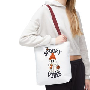 Spooky Vibes Halloween Tote Bag: Ghost Graphic Polyester Shopping Bag
