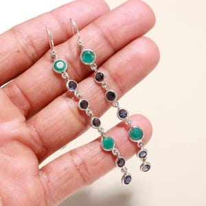 Emerald & Kyanite Earring, 925 Sterling Silver Earrings, Round Gemstone Silver Jewelry, Handmade Earrings, Earrings for Women, Gift for Her