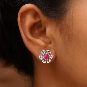 Ruby Stud Earrings, 925 Solid Sterling Silver Studs, July Birthstone Earrings, Round Gemstone Studs, Handmade Jewelry, Women Silver Studs