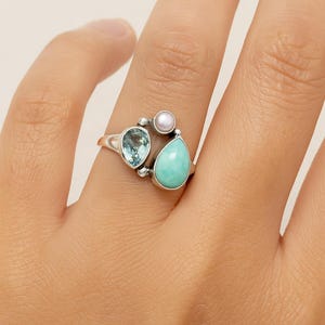 Larimar & Blue Topaz  Ring, 925 Sterling Silver Ring, Gemstone Ring, Solitaire Ring, Pear Shape Ring, Bohemian Jewelry, Birthday Gift