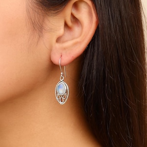 Moonstone Earring, 925 Sterling Silver Earring, Oval Gemstone Earring, Dangle & Drop Earring, Handmade Earring, Boho Earring, Gift For Her