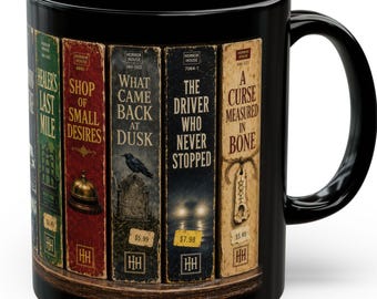 Horror Book Lover Mug, Retro Paperback Spine Bookshelf Cup, Reader Gift, Creepy Book Lover Coffee Mug