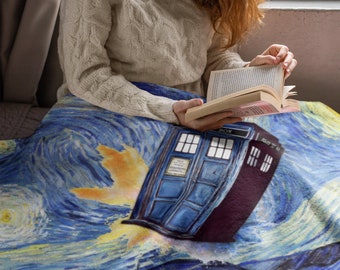 Doctor Who TARDIS Blanket - Van Gogh Starry Night Inspired Throw Blanket - Home Decor - Whovians Fandom Gift - BBC TV Series