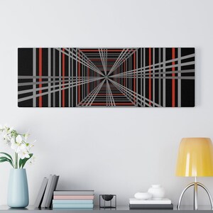 May include: Abstract geometric art print with a black background, red and gray lines, and a square shape in the center.