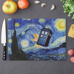 Doctor Who TARDIS Cutting Board - Van Gogh Starry Night Inspired Mashup  - Home Decor - Whovians Fandom Gift - TV Series