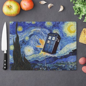 Cutting Board - Van Gogh Starry Night TARDIS  Inspired Mashup  - Home Decor - Fandom Gift
