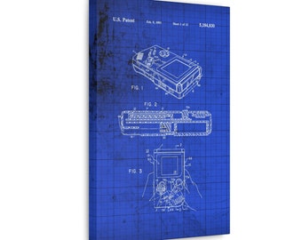 GameBoy Canvas - U.S. Patent Blueprint Grunge Artwork - Retro 90's Geeky Merch Swag Memorabilia Game System Console Plans