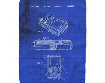 GameBoy Blanket - U.S. Patent Blueprint Grunge - Sherpa Fleece - Retro Geeky Merch Swag Memorabilia
