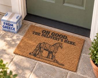 Trojan Horse Delivery Doormat | Funny Greek Mythology Welcome Mat - "Oh Good The Delivery's Here" - 24x16 Inch