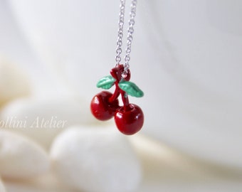 Cherries Necklace in Lipstick Red. Gold/ Silver Chain Necklace. Sweet and Cute. Girls. Gift For Her (PNL-211)