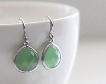 Mint Ice - Green Opal Glass Earrings in Silver. Everyday Wear. Modern Chic. Bridemaids Gift. Wedding Attire (SER-51)