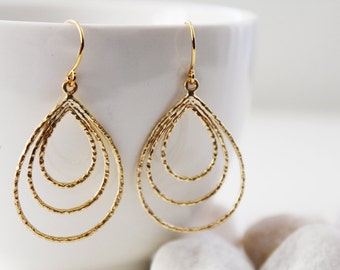 Gold Triple Teardrop Earrings. Everyday Wear. Modern Chic. Gift For Her (SER-33)