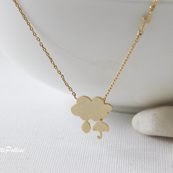 Cloud Raindrop Umbrella Necklace in Silver/ Gold. Collar Necklace. Nature. Sky. Cute and Sweet (PPNL-100)