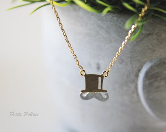 Mustache Necklace in Matt Silver/ Gold. Movember. Mo with Hat. Fun and Cute. Whimsical. Everyday Wear. Unisex Gift (PNL-66)