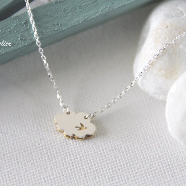Small Puffy Cloud Necklace with Bird Cutout in Silver/ Gold. Bird Collarbone Necklace. Cloud Necklace. Sky. Cute and Sweet (PPNL-167)
