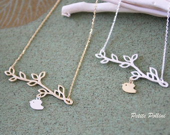 A Little Birdie Under The Tree Necklace in Matt Silver/ Silver. Cute and Sweet. Nature. Gift For Her (PNL-43