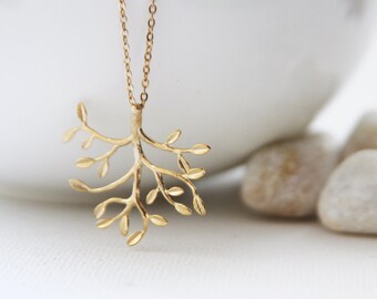 Matt Gold Tree Necklace. Everyday Wear. Gift for Her (SNL-26)