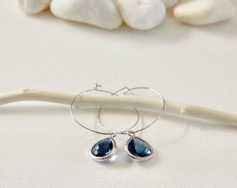 Sapphire Ice - Sapphire Blue Glass Hoop Earrings in Silver