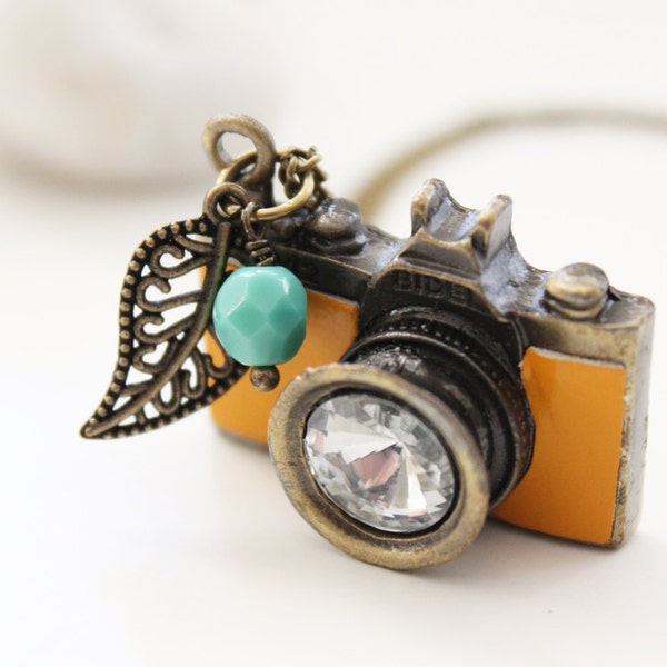 Be a Photographer. Vintage Mustard Camera Necklace (VNL-46)