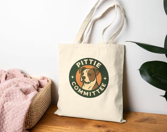 Pittie Committee Tote Bag | Pitbull Lover Gift | Dog Mom Canvas Tote | Funny Dog Tote Bag | Pit Bull Owner Gift | Coffee Parody Tote