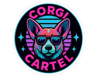 Corgi Cartel Sticker | Neon Corgi 3x3 Vinyl Decal, Retro Dog Lover Gift, Kiss-Cut Breed Sticker for Laptop, Water Bottle, Journal