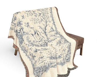 Whippet Toile de Jouy Woven Blanket, French Country Whippet Throw, Cotton Tapestry Blanket, Whippet Mom Gift, Blue Toile Dog Decor