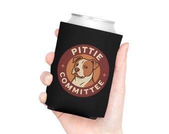 Pittie Committee Can Cooler | Vintage Red Pit Bull Dog Lover Gift | Funny Beer Koozie Insulated Drink Sleeve | Pitbull Mom Dad Gift